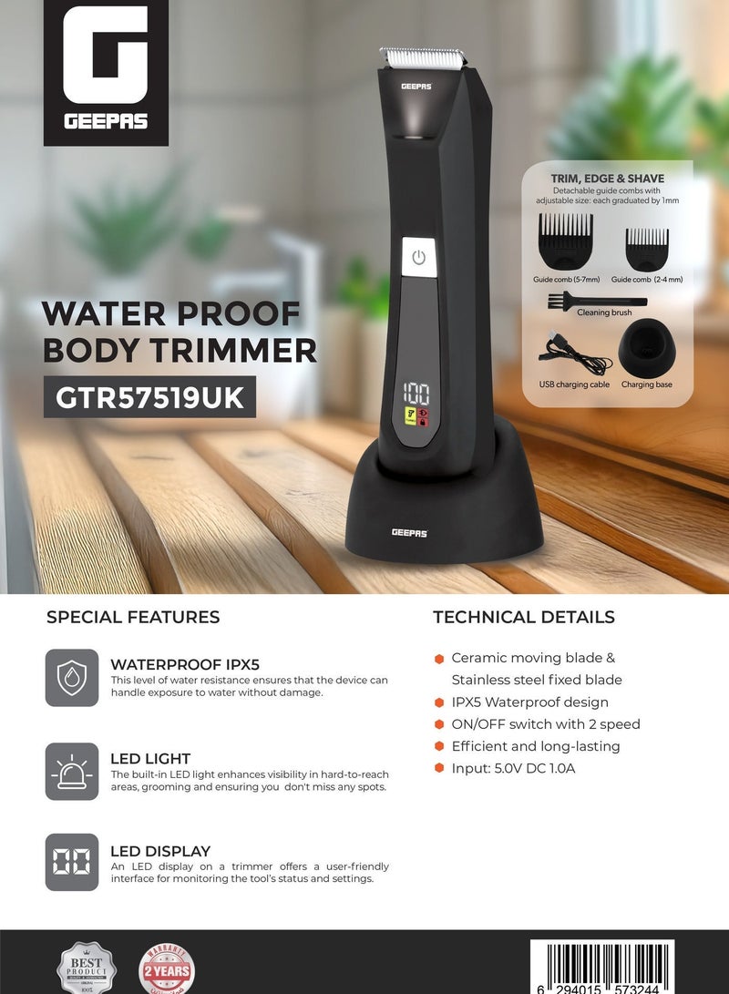 GEEPAS Waterproof Body Trimmer | LED Light and Display, with Detachable and Adjustable Guide Combs | Trimmers for Men, Convenient and Long-Lasting Battery | 2 Years Warranty GTR57519UK Black - Image 4